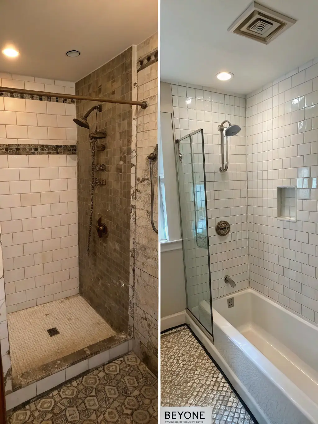 A before-and-after shot of a bathroom renovation, showcasing the dramatic transformation achieved through professional shower installation by NML Bathroom Renovations.