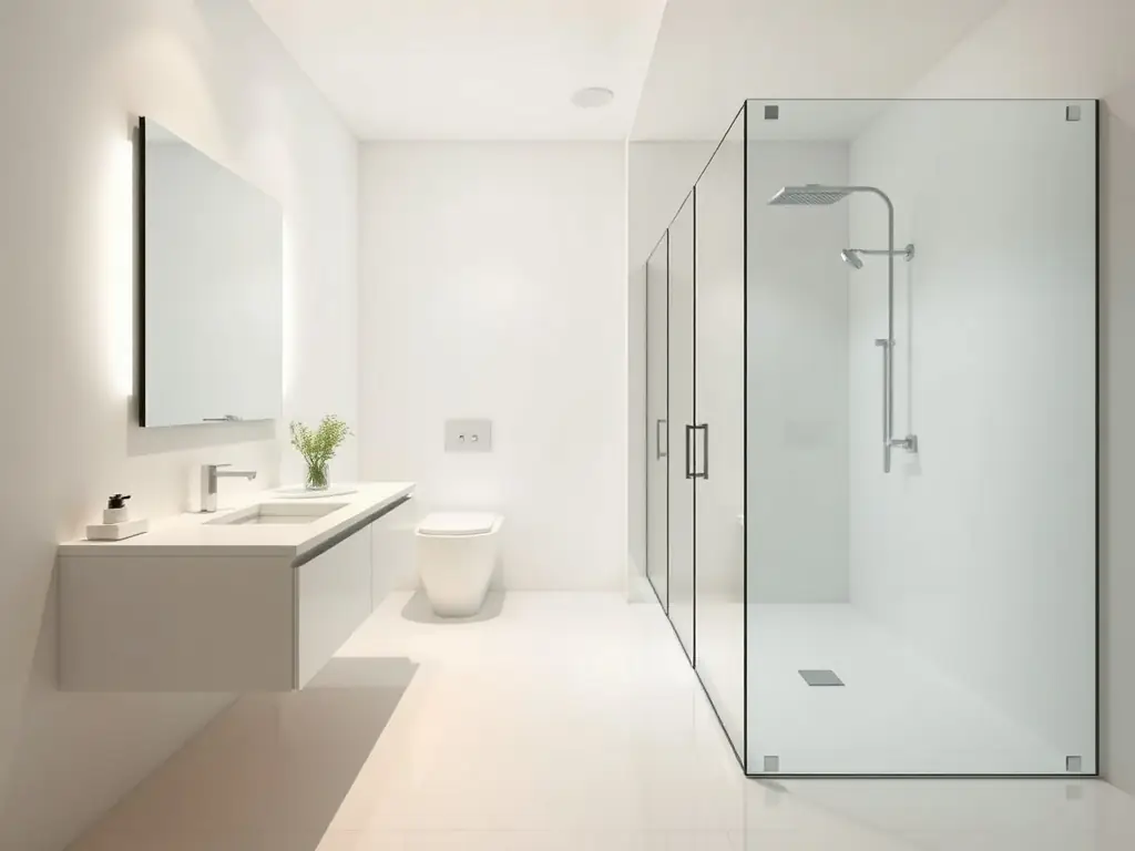A bright, airy modern bathroom featuring clean lines, a floating vanity, and a glass-enclosed shower, showcasing a minimalist design approach.