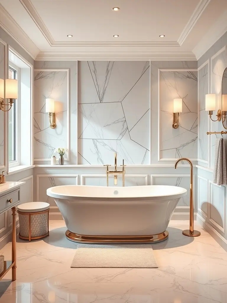 A luxurious freestanding bathtub with elegant fixtures, set against a backdrop of natural stone and soft lighting, installed by NML Bathroom Renovations.