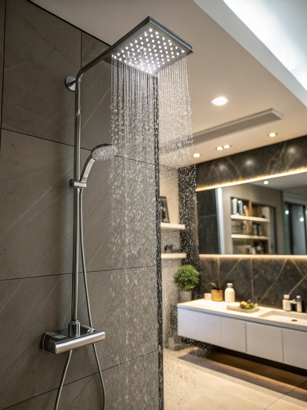 A close-up shot of a rainfall shower head with water cascading down, installed by NML Bathroom Renovations, showcasing the luxury and relaxation it provides.