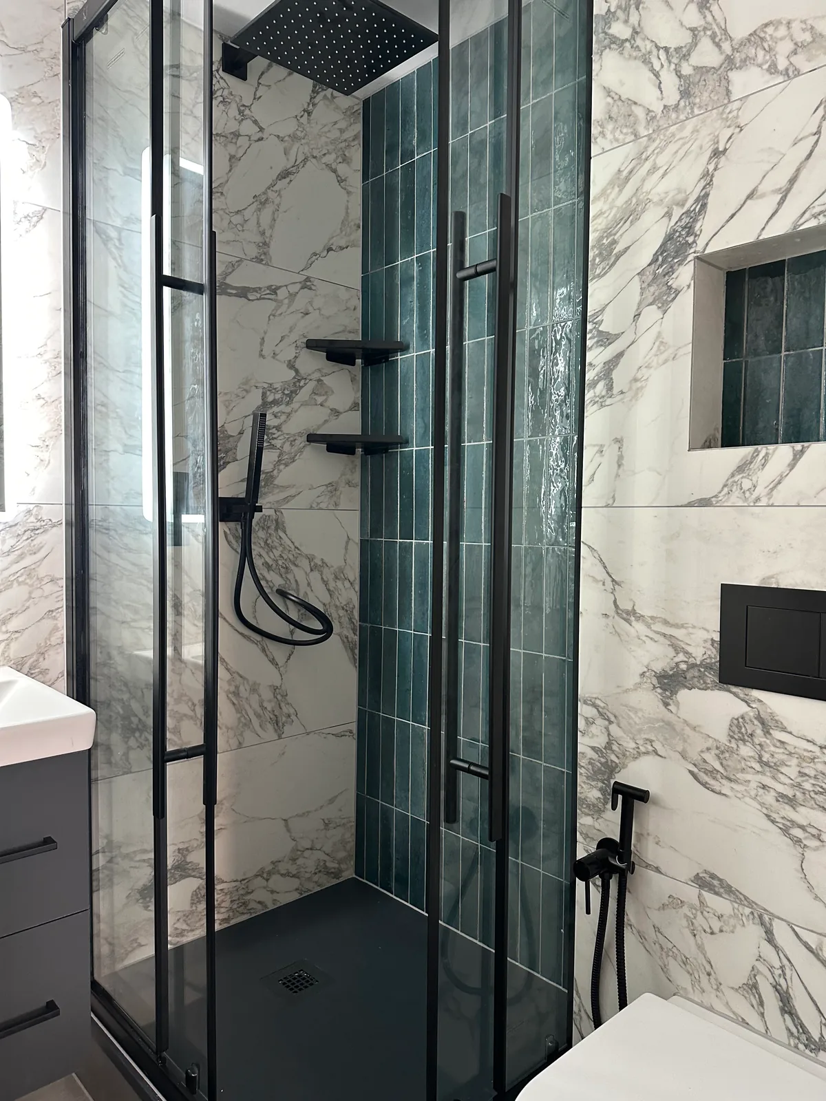 Two complete bathroom renovations in Tuffley, Gloucester 11 Square Overhead Shower And Recessed Wall Niche Beside Green Tiles In The Second Tuffley Bathroom.
