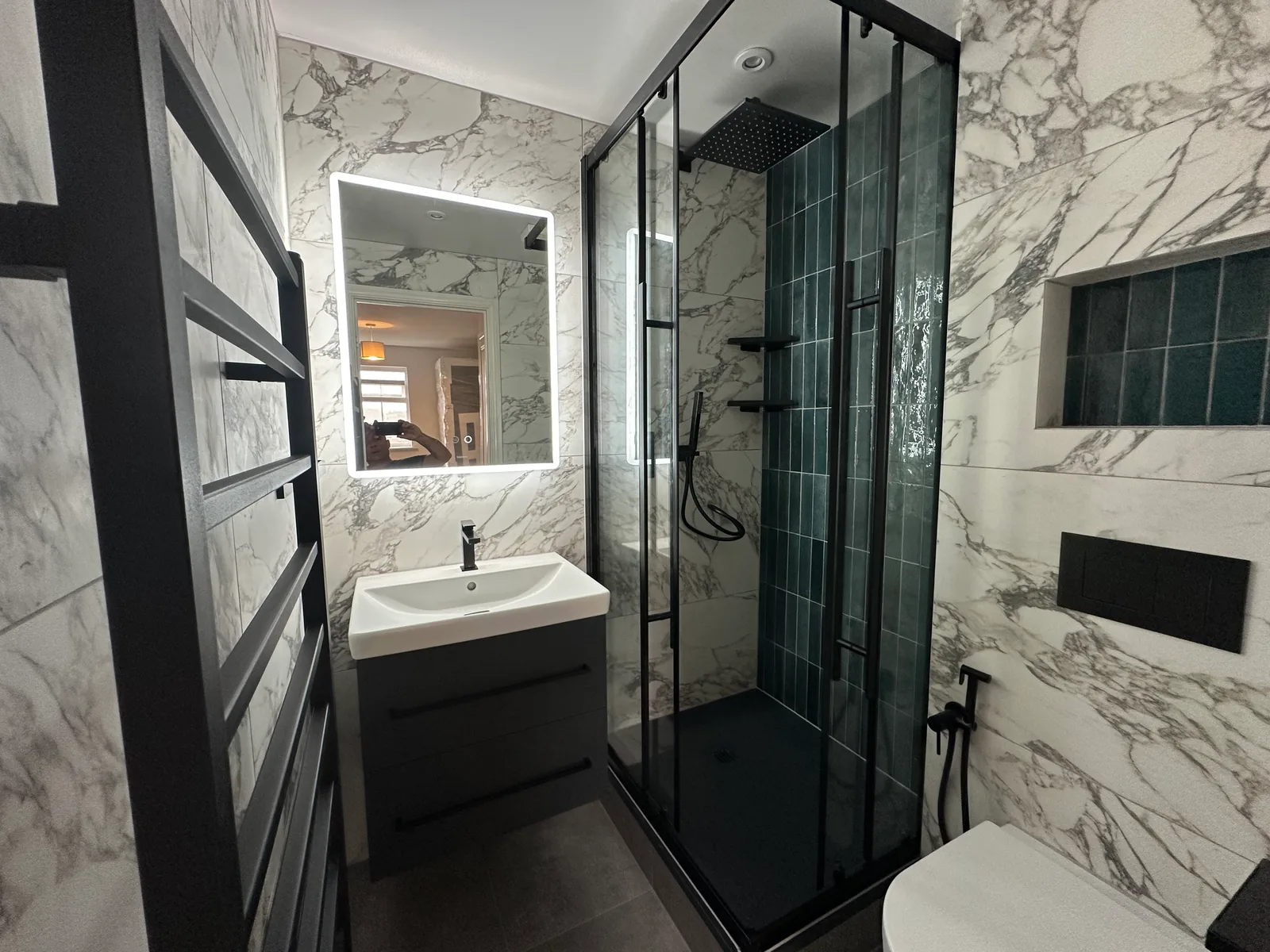 Two complete bathroom renovations in Tuffley, Gloucester 9 Black-Framed Shower With A Green-Tiled Wall Niche In The Second Tuffley Bathroom.
