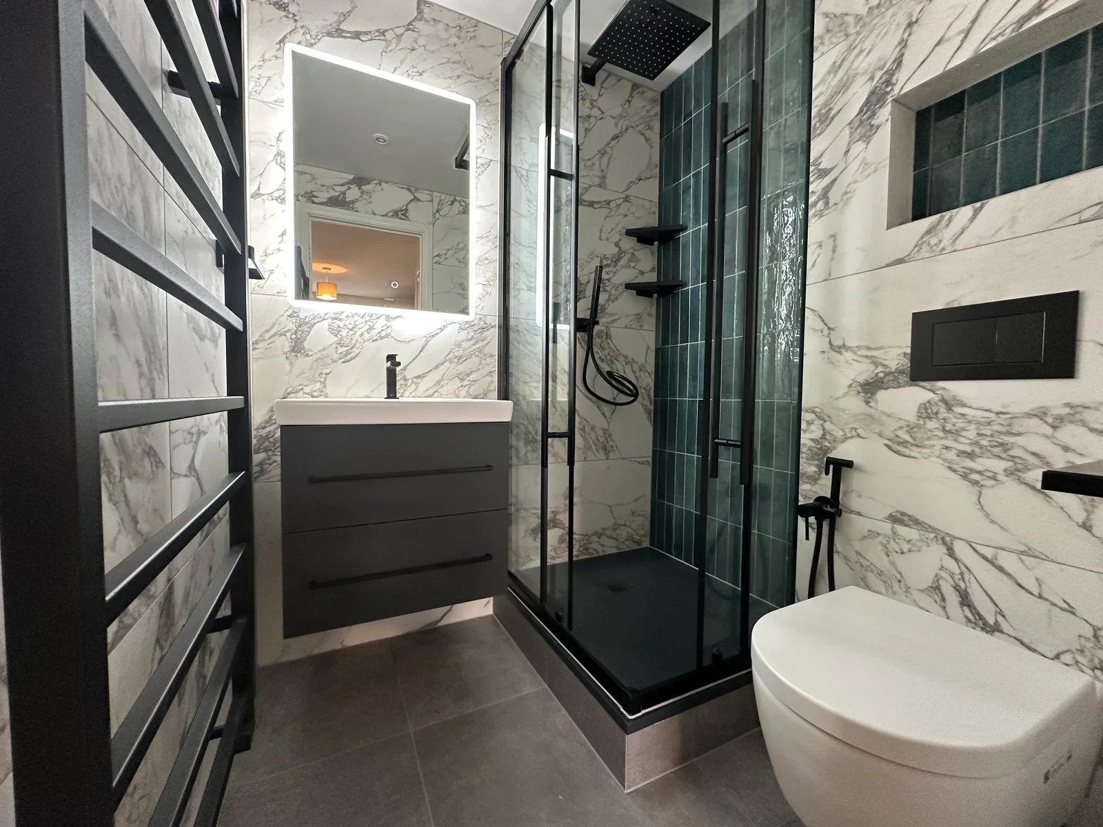 Two complete bathroom renovations in Tuffley, Gloucester 8 Shower Enclosure, Dark Vanity And Wall-Hung Toilet In The Second Tuffley Bathroom.